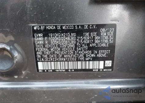 2024 Honda Hr-V Awd Lx from USA, damaged, VIN 3CZRZ2H38RM723302